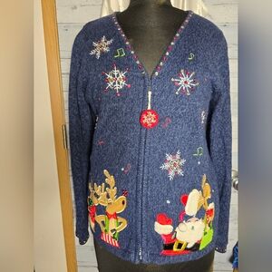 Tiara International Blue Festive Christmas Full Zip Cardigan Sweater